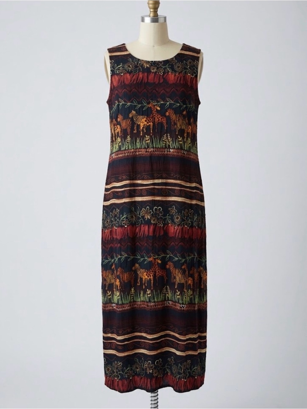 Vintage 90s Crinkle Maxi Dress Safari Print Sheri Martin 16 Festival Tribal Boho
